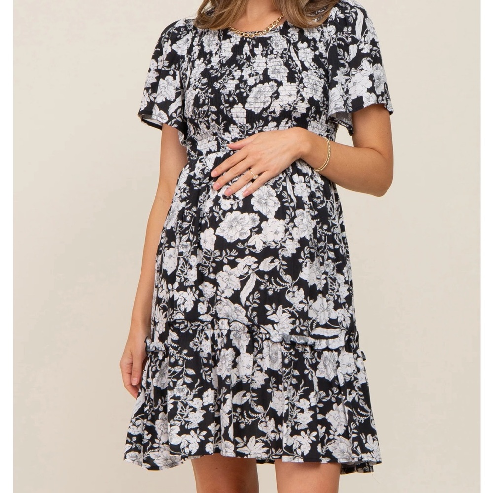 Black Floral Smocked Gathered Tier Maternity Dress